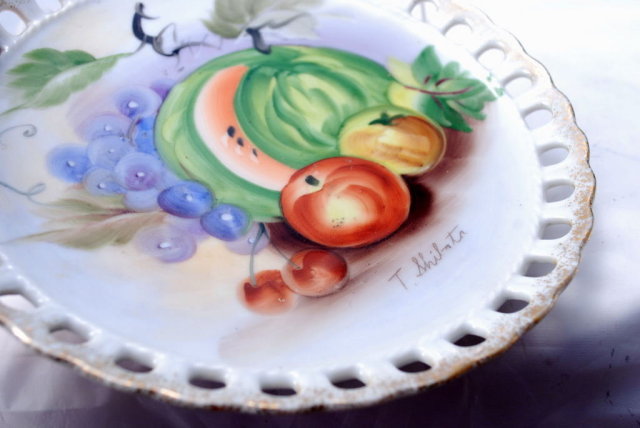 Fruit Decor Pierced Porcelain Plate, Hand painted and Signed.