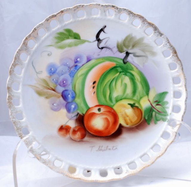Fruit Decor Pierced Porcelain Plate, Hand painted and Signed.