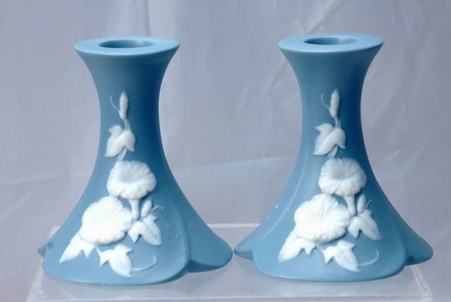 Blue Jasperware Morning Glory Candlestick Holders , pair **PRICE REDUCTION**!