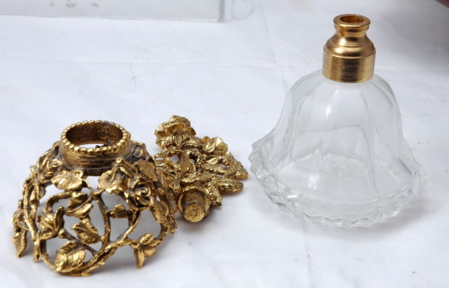 Dresser Perfume Bottle with Metal Florals & Vines & Stopper