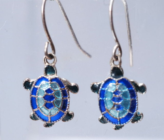 Blue Cloisonne / Silver Turtle Dangle Earrings