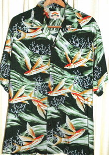 Flying Fish Print Classic Hawaiian Shirt by Pineapple Juice Classics LARGE Green & Orange