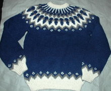 Icelandic Wool Ski Sweater, Hand Knit Blue and White Gray LARGE