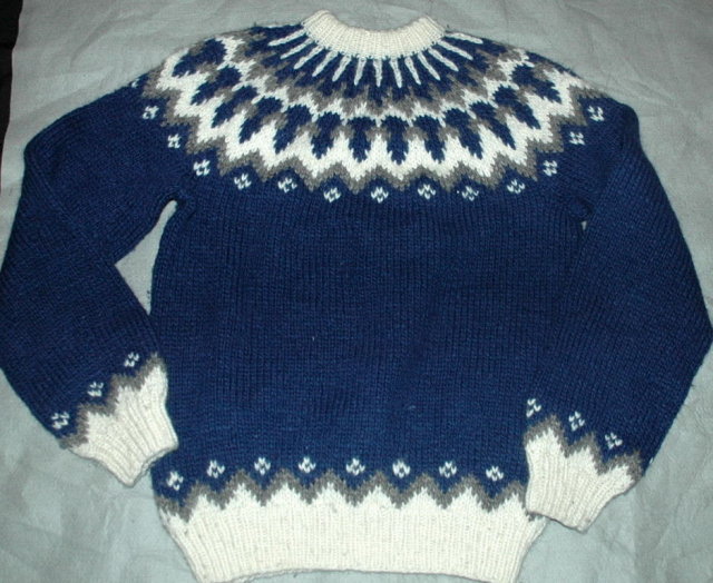 Icelandic Wool Ski Sweater, Hand Knit Blue and White Gray LARGE