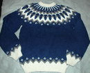 Icelandic Wool Ski Sweater, Hand Knit Blue and White Gray LARGE