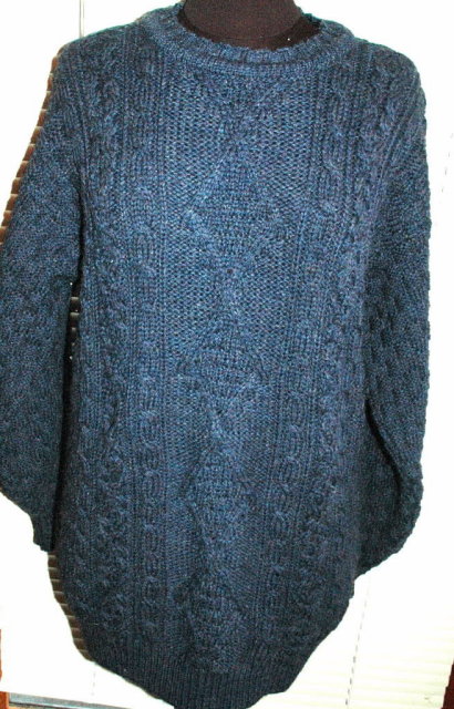 Irish Fisherman's Sweater Pure Wool Cable Knit sz Large Sapphire Blue *PRICED REDUCED*