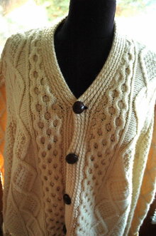 Irish Fisherman's Cardigan Sweater Pure Wool Cable Knit VINTAGE sz Large