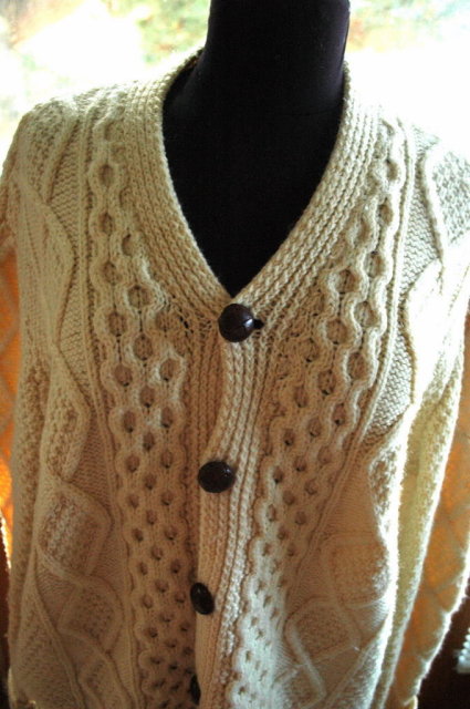 Irish Fisherman's Cardigan Sweater Pure Wool Cable Knit VINTAGE sz Large