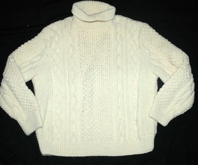 Irish Fisherman's Aran Sweater Hand Knit Pure Wool Turtle Neck Pull Over