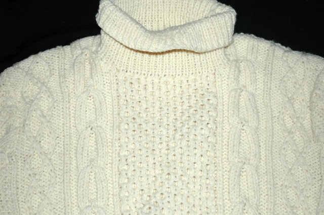 Irish Fisherman's Aran Sweater Hand Knit Pure Wool Turtle Neck Pull Over
