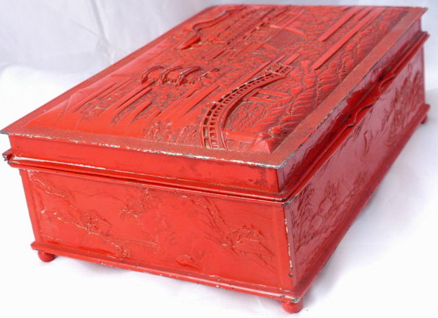 Old Japanese Cinnabar Paint Silver Metal Tobacco Box Wood Lined * PRICE REDUCED!