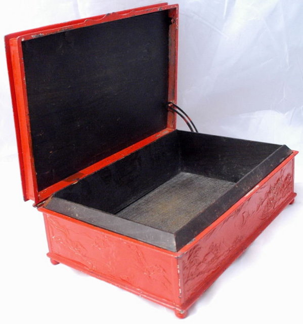 Old Japanese Cinnabar Paint Silver Metal Tobacco Box Wood Lined * PRICE REDUCED!