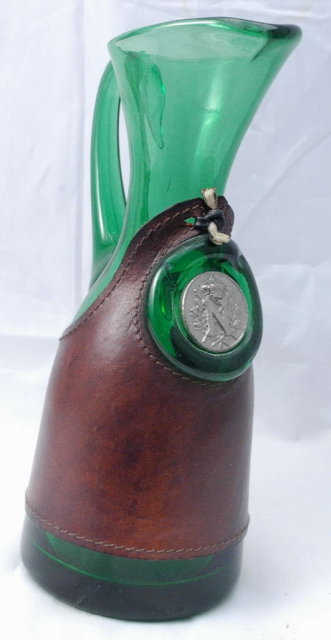 Italian Hand Blown Green Glass Pitcher with Leather Wrap & Silver Coin