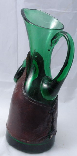 Italian Hand Blown Green Glass Pitcher with Leather Wrap & Silver Coin