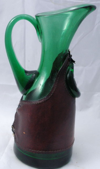 Italian Hand Blown Green Glass Pitcher with Leather Wrap & Silver Coin