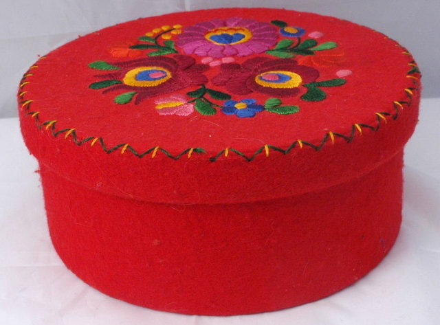 Hungarian Matyo style Embroidered Wool Felt Box, Container