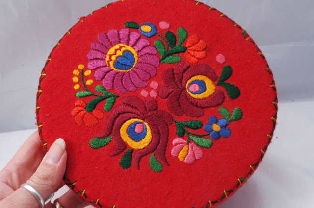 Hungarian Matyo style Embroidered Wool Felt Box, Container