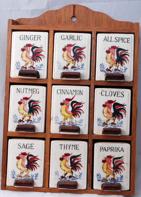 Rooster Spice Jars in Wood Rack 1950's Freoroberts Company, San Francisco