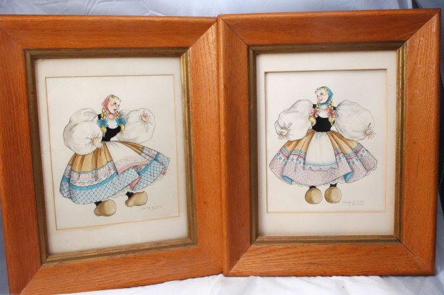 Pair of Dancing Dutch Girl Watercolor Paintings de Cillia 1951