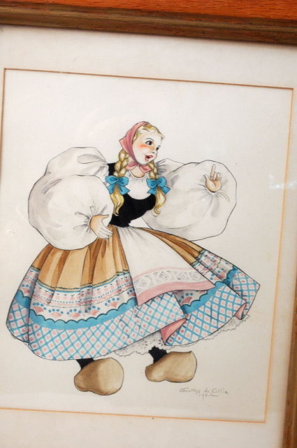 Pair of Dancing Dutch Girl Watercolor Paintings de Cillia 1951