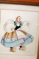 Pair of Dancing Dutch Girl Watercolor Paintings de Cillia 1951