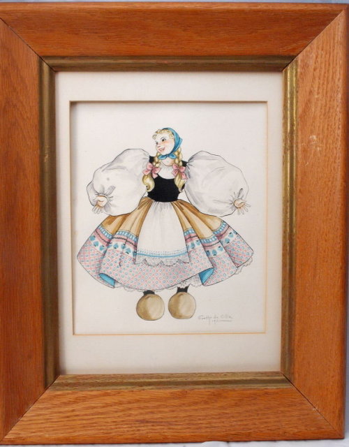 Pair of Dancing Dutch Girl Watercolor Paintings de Cillia 1951