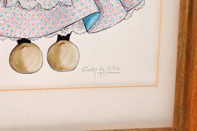 Pair of Dancing Dutch Girl Watercolor Paintings de Cillia 1951