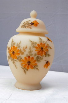 Fenton Satin Custard Glass Temple Jar with Lid, Hand painted and signed