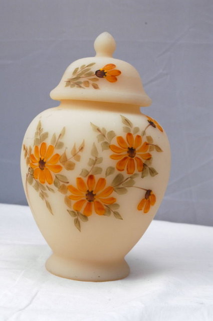 Fenton Satin Custard Glass Temple Jar with Lid, Hand painted and signed