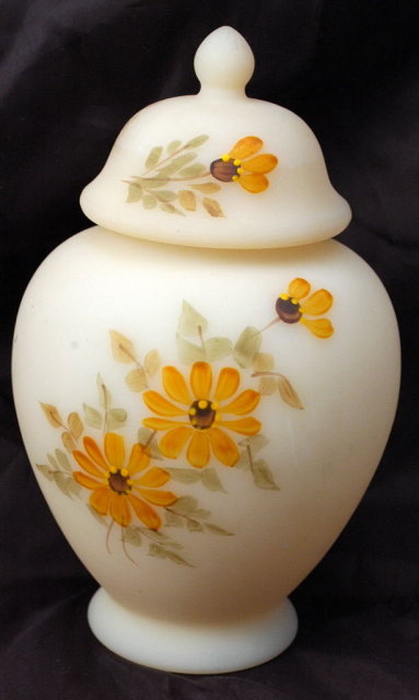 Fenton Satin Custard Glass Temple Jar with Lid, Hand painted and signed
