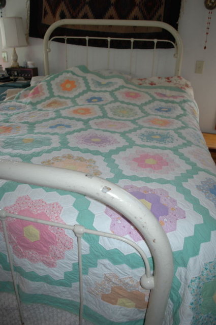 Double ring grandmother's garden hexagon quilt.