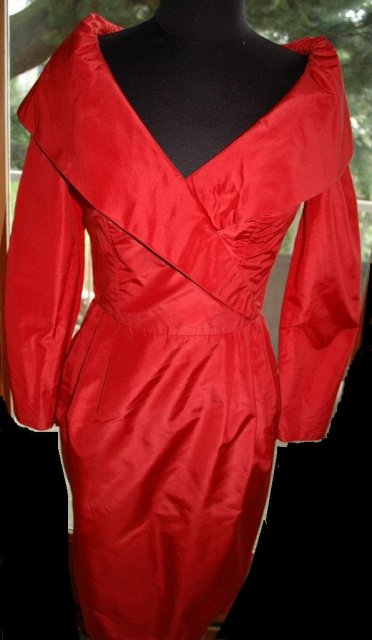 Red Silk Off the Soulders Cocktail Dress , A.J. Bari for Neiman Marcus size 8 VINTAGE