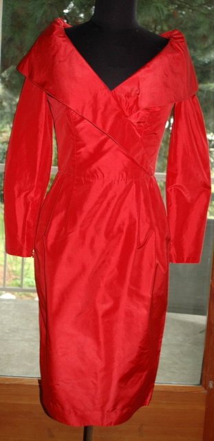 Red Silk Off the Soulders Cocktail Dress , A.J. Bari for Neiman Marcus size 8 VINTAGE