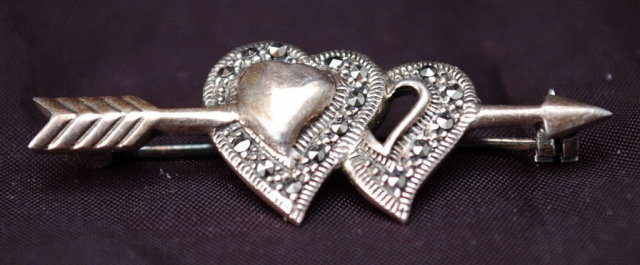 Sterling Silver & Marcasite Arrow Heart Pin