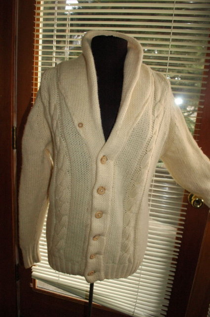 Cable Knit Shawl Collar Cardigan Sweater- 100% Wool Vintage Hastings