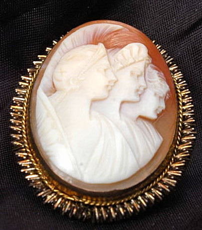 Shell Cameo, Hand Carved 3 Women /Brooch Pendant