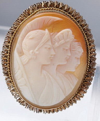 Shell Cameo, Hand Carved 3 Women /Brooch Pendant
