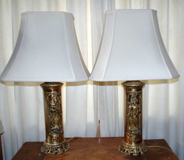 Pair Oriental Chinese Brass Lamps with Shades Mid Century Retro