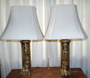 Pair Oriental Chinese Brass Lamps with Shades Mid Century Retro