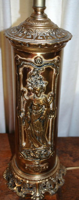 Pair Oriental Chinese Brass Lamps with Shades Mid Century Retro