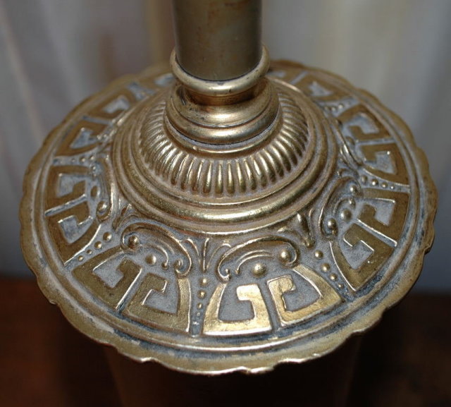 Pair Oriental Chinese Brass Lamps with Shades Mid Century Retro