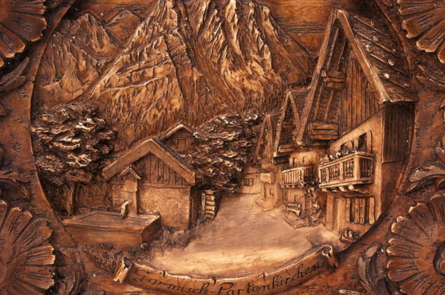 Carved Wood Plaque Twin Towns of Garmisch & Partenkirchen * PRICE REDUCED !*