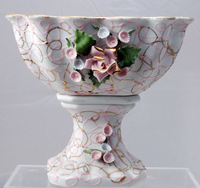 Lefton Compote Hand Painted Pink/Gold with Raised Flowers