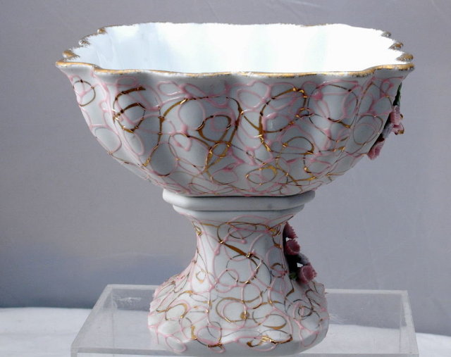 Lefton Compote Hand Painted Pink/Gold with Raised Flowers