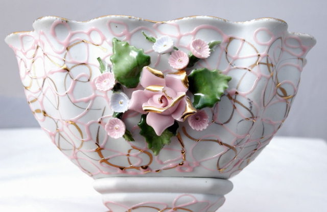 Lefton Compote Hand Painted Pink/Gold with Raised Flowers