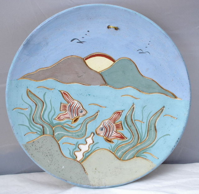 Ceramica Gardiel of Mexico Fish & Mountains Scene Plate with 24k Gold details