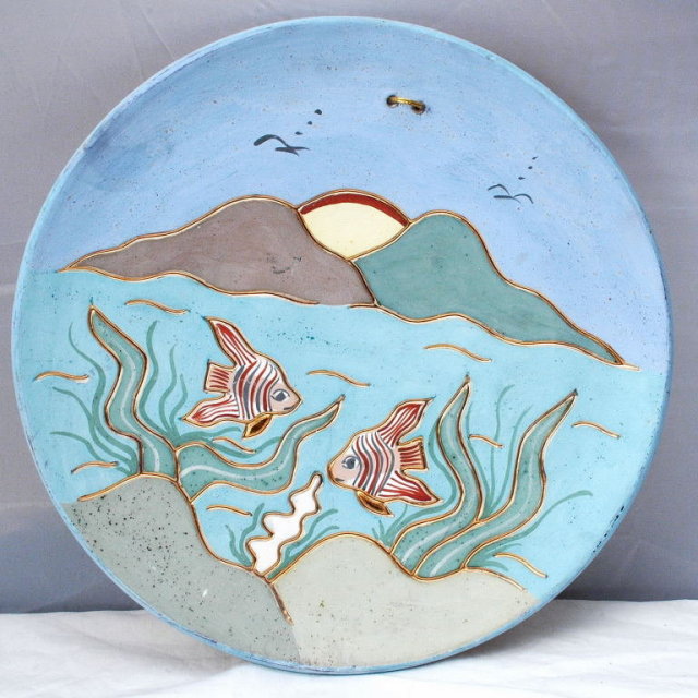 Ceramica Gardiel of Mexico Fish & Mountains Scene Plate with 24k Gold details