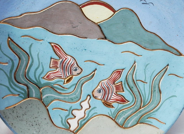 Ceramica Gardiel of Mexico Fish & Mountains Scene Plate with 24k Gold details