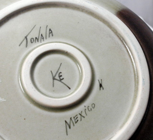 Tonala Mexican Stoneware Pottery Dish Signed KE 8.5