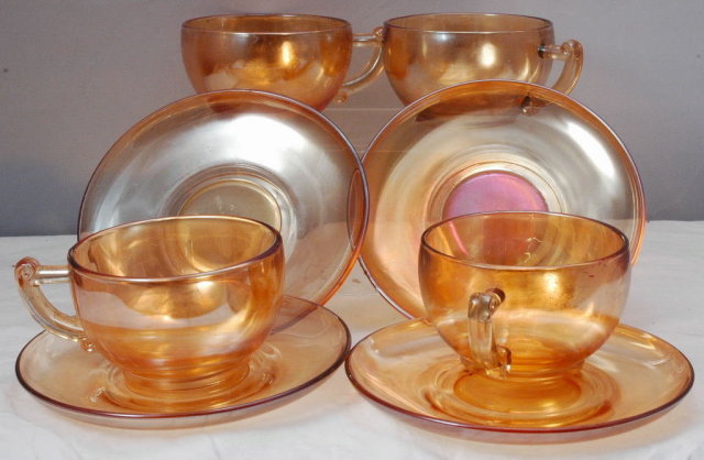 Jeannette Glass Cup Saucer Set of 4 Gold Luster-ware Carnival